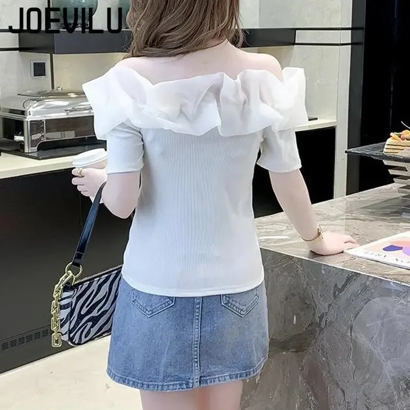 Off Shoulder Top Sexy Exposed Clavicle Ruffled Short Sleeve T-shirt Female Summer Chic Elegant Blouses Niche Fairy Kawaii Tops