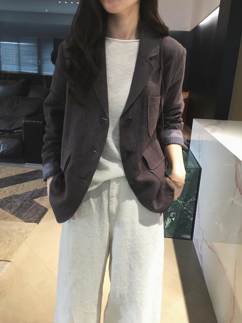 

Женский костюм Cuijia H36932 из льняной ткани для ранней весны, комфортный, с эффектом натурального волокна, тонкий, с длинным рукавом, прямого кроя, Весна 2026