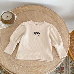 Autumn new baby clothing, 0-3 year old baby girl T-shirt with bow embroidery pit stripe top, girls' base shirt