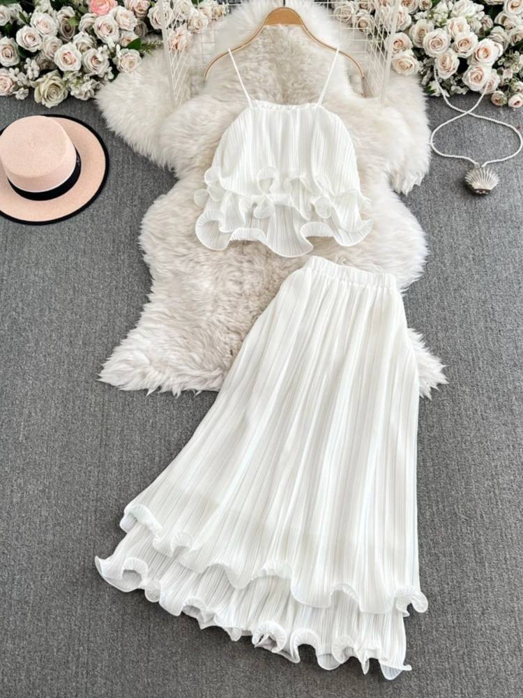 

Модный комплект для отдыха, легкий зрелый стиль, сказочный темперамент, камзол с рюшами, топ с высокой талией, утягивающая полуюбка, комплект из двух предметов