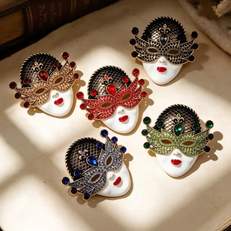 Große Vintage-Broschen mit Gesichtsmotiv für Damen, 5 Farben, wunderschöne Strass-Partygeschenke – Detail 1