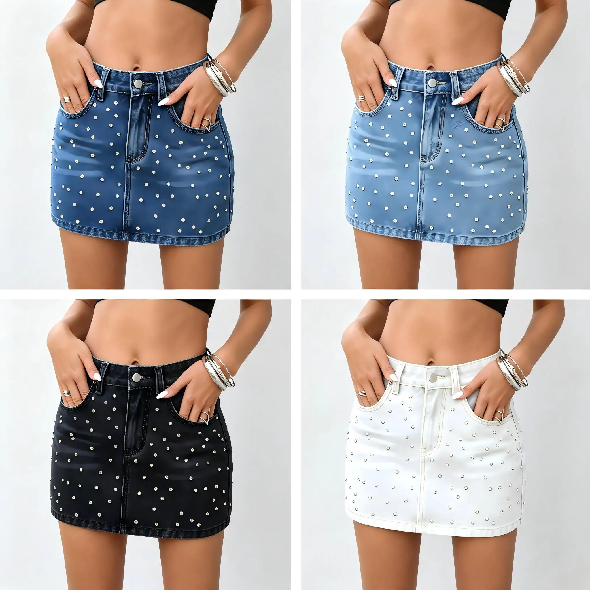 Women High Waist Beaded Denim Skirts Vintage Jeans Mini Skirt for Ladies Summer Wear Straight Pockets Skirts
