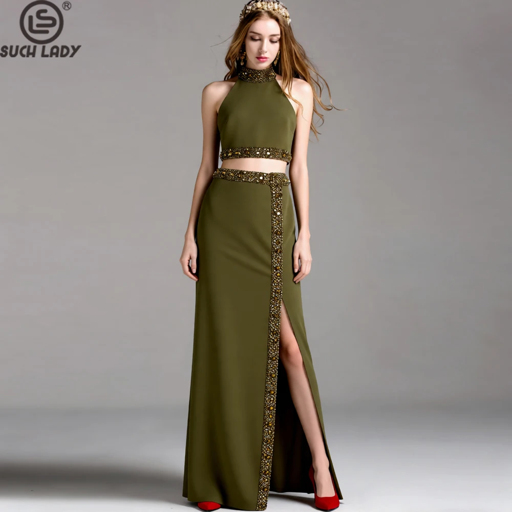 Women's 2 Piece Set Olive Green Halter Crop Top & Long Skirt Elegant Beaded & Rhinestone Embellished Formal Suit with Side Slit