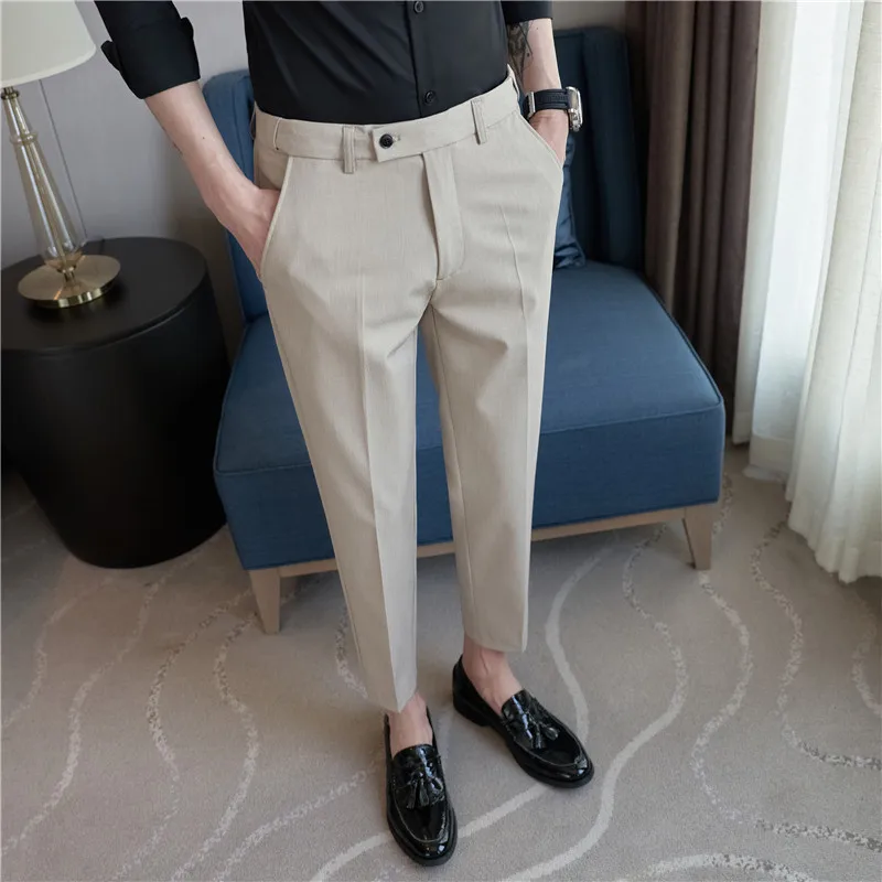 Korean version of small straight leg suit pants, business casual cropped pants with hidden drape at the waist for men's pants