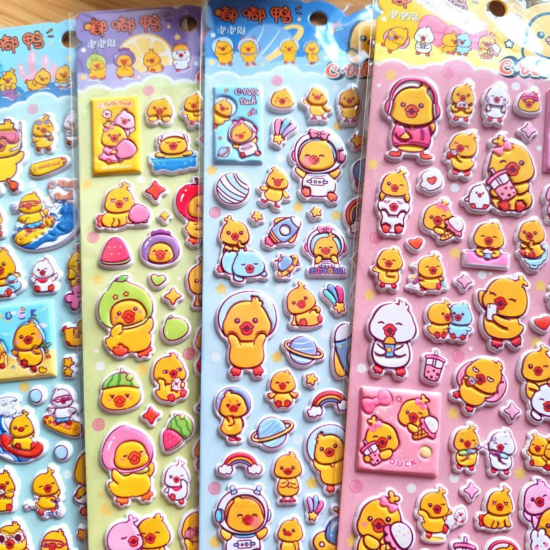 4 pegatinas bonitas de burbujas de EVA Dudu Duck, múltiples estilos de decoración de dibujos animados adorables, perfectas para álbum de recortes, diario y cuaderno