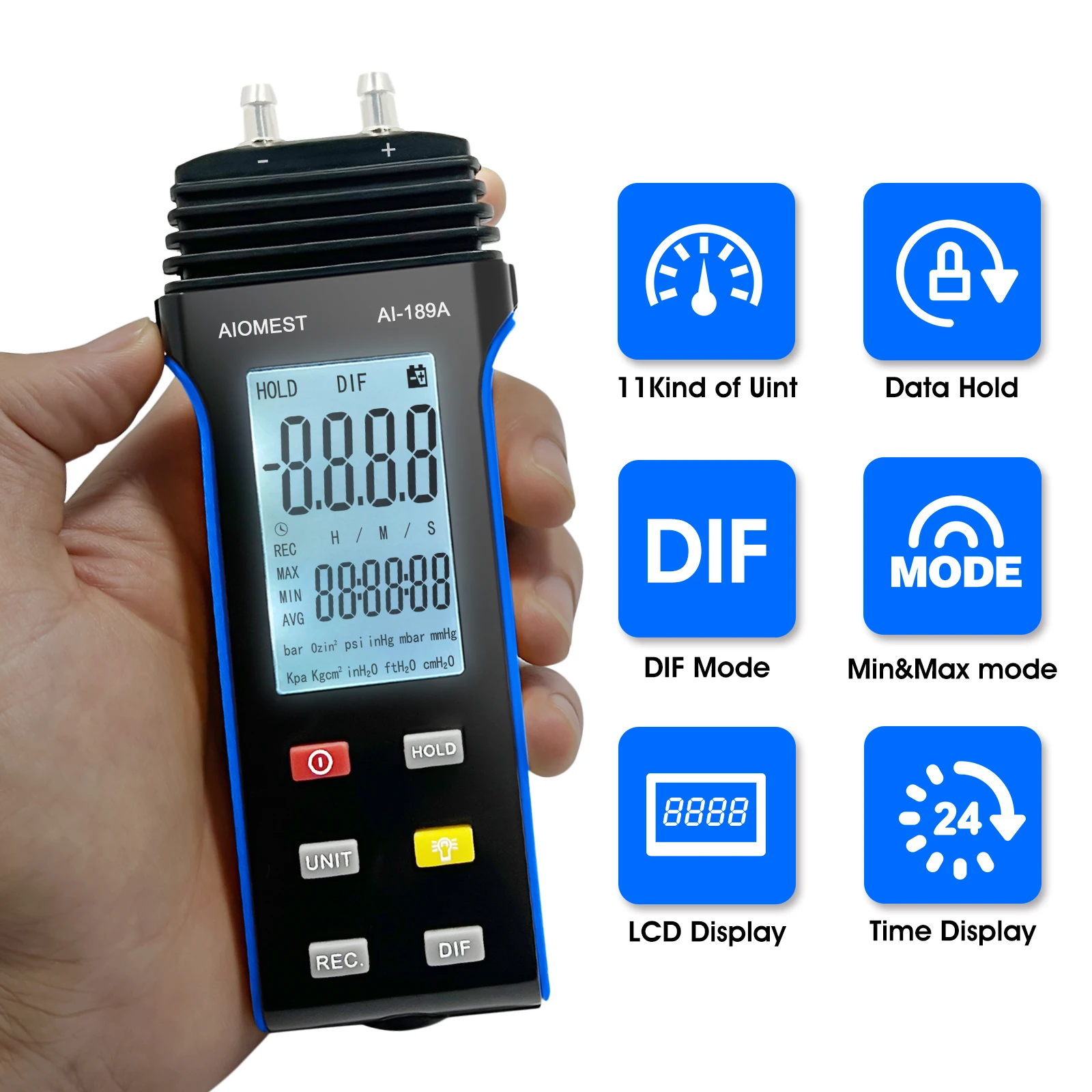 

Digital Manometer, Differential Dual Port Pressure Gauge, Professional Gas Pressure Tester Water Column Manometer with 11 Select