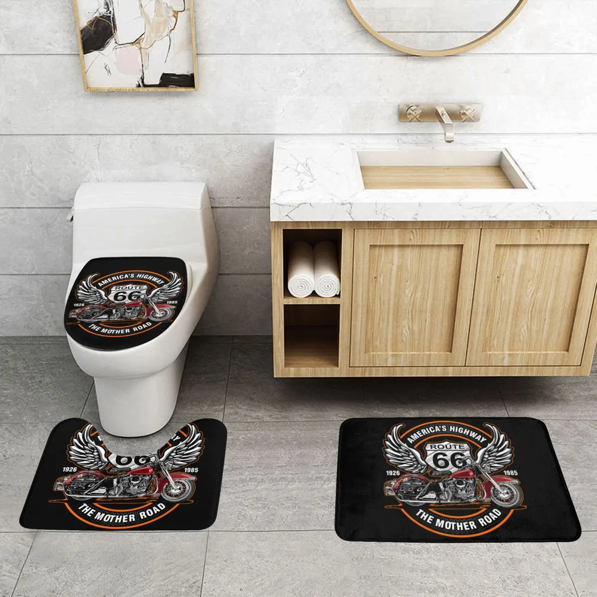 Custom Route 66 Biker Club 3 Pieces Bathroom Rugs Set Non Slip USA Highway Toilet Bath Mat Sets