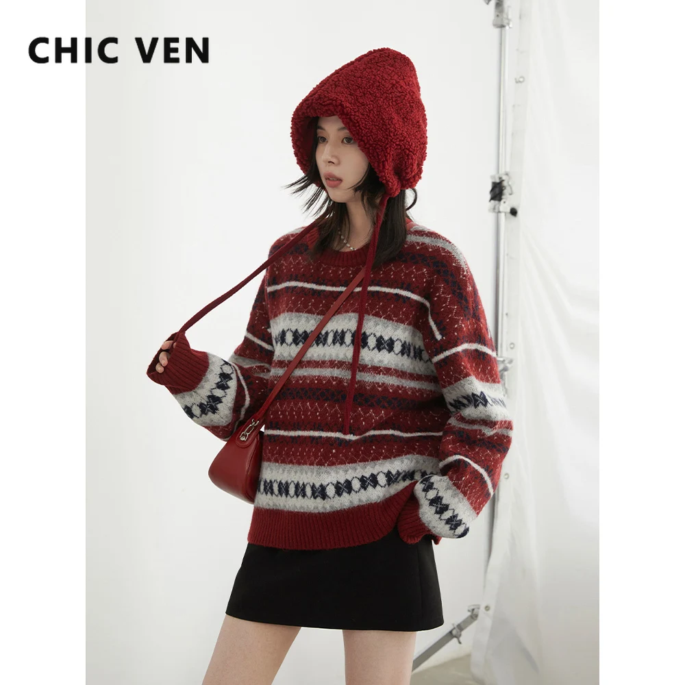 

CHIC VEN Women Sweaters Casual Loose O-Neck Contrasting Jacquard Knitted Jumpers Female Pullovers Autumn Winter New 2025