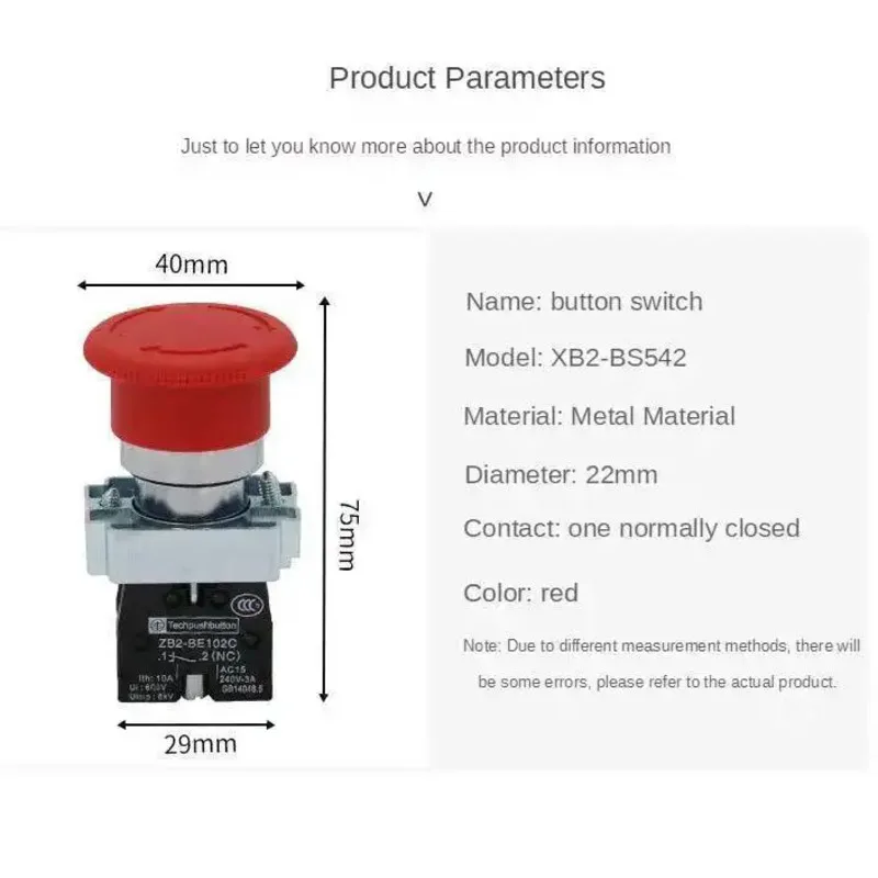 10a 22mm cogumelo vermelho cabeça redonda energia parada de emergência botão interruptor 1nc normalmente fechar XB2-BS542
