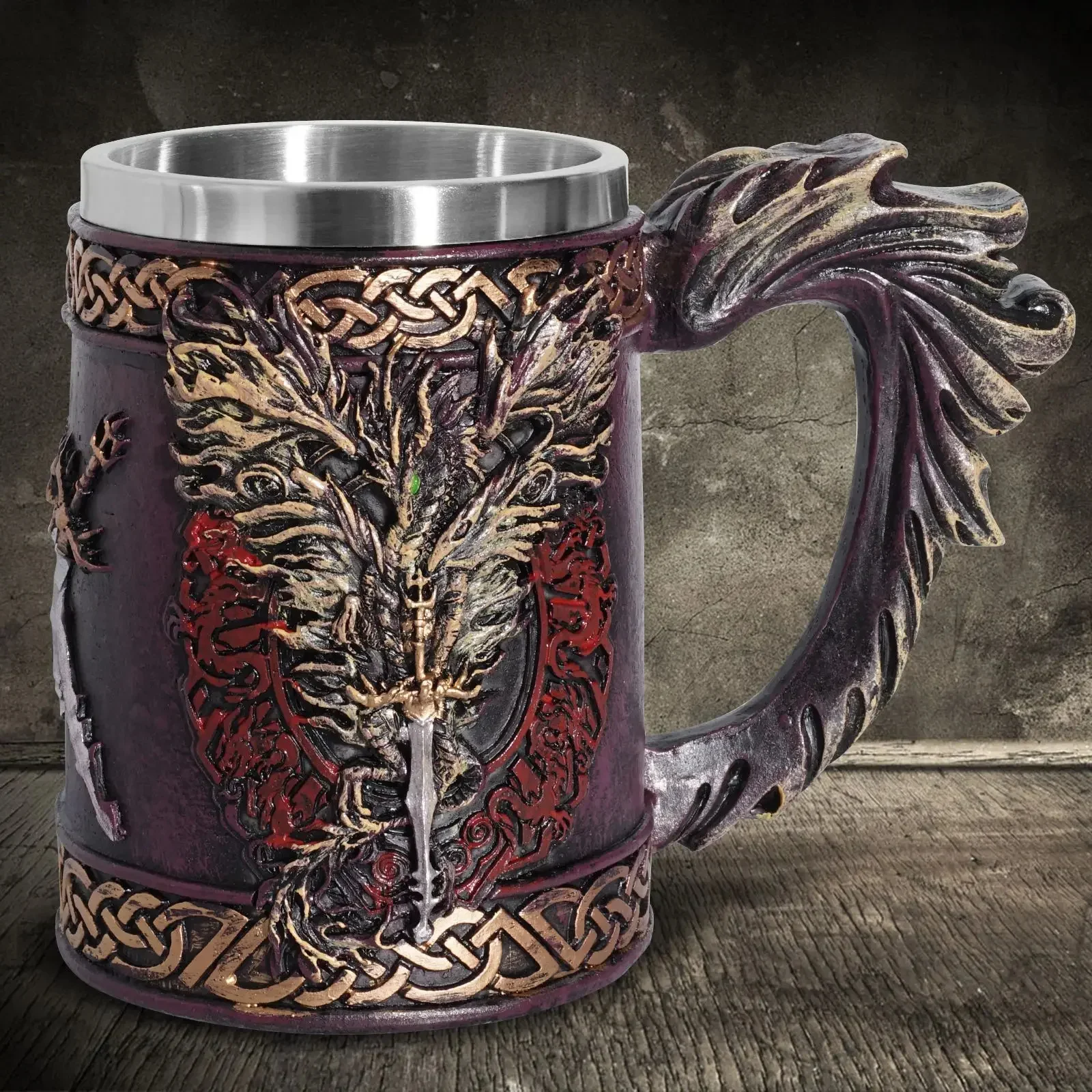 

Medieval Dragon Beer Glass Sword Resin Stainless Steel Mug Smaug Beer Steins Drinkware Gothic Tankard Coffee Cup Tea Tumbler