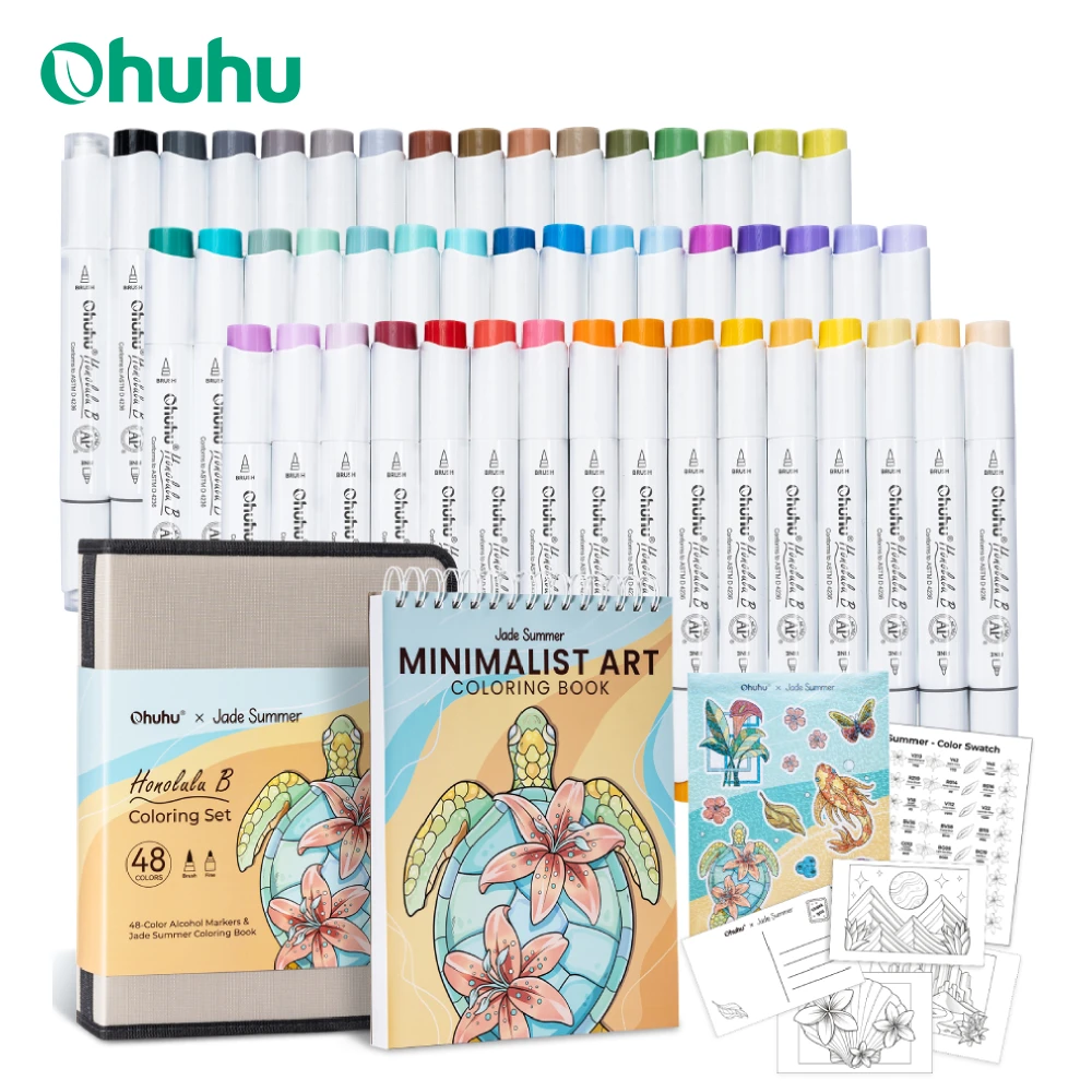 Image of Ohuhu x Jade Sommer-Malset 47 Farben Alkoholmarker & Malbuch Honolulu B Doppelspitzen-Alkoholmarker Malset