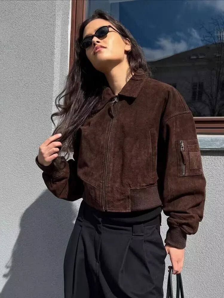 

HH Female High Street Suede Bomber Jacket 2025 Autumn Long Sleeve Zipper Vintage Solid Lapel With Pockets Women's Trendy Coats