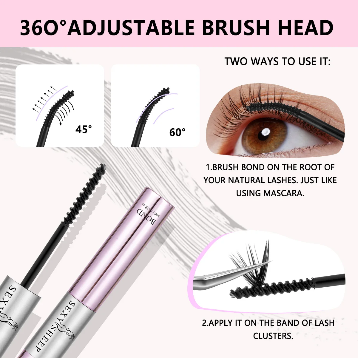 Lash Glue Bond and Seal 10ml Long Lasting Strong Hold Waterproof 2 in 1 Cluster Eyelash Glue for DIY Lash Extensions