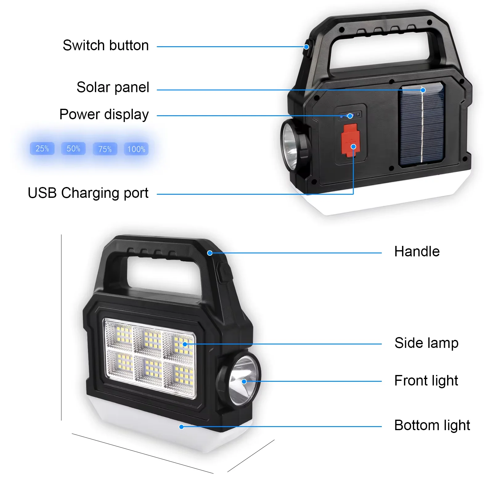 Smart Library Multifunctional Rechargeable LED Solar Linterna Search Torch Light Handle Flashlight Lantern Emergency Camping Lig