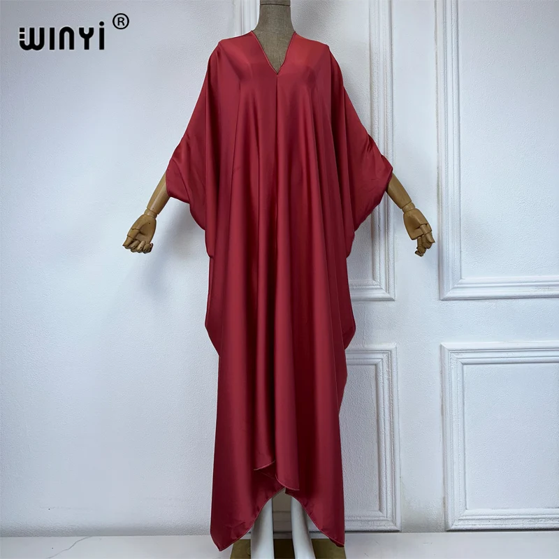 WINYI summer high quality monochrome elegant Swimsuit Cover Up Women Beach Dress V-neck Dresses fashion Robe abaya dubai luxury