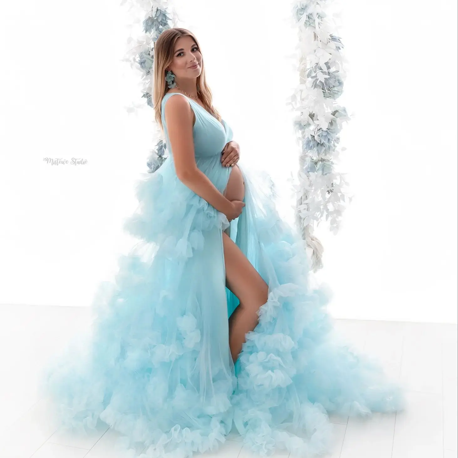 Light Blue Maternity Dresses for Photoshoot Boho Sleeveless Tulle Puffy Pregnant Robe Custom Made Prom Gown for Babyshower