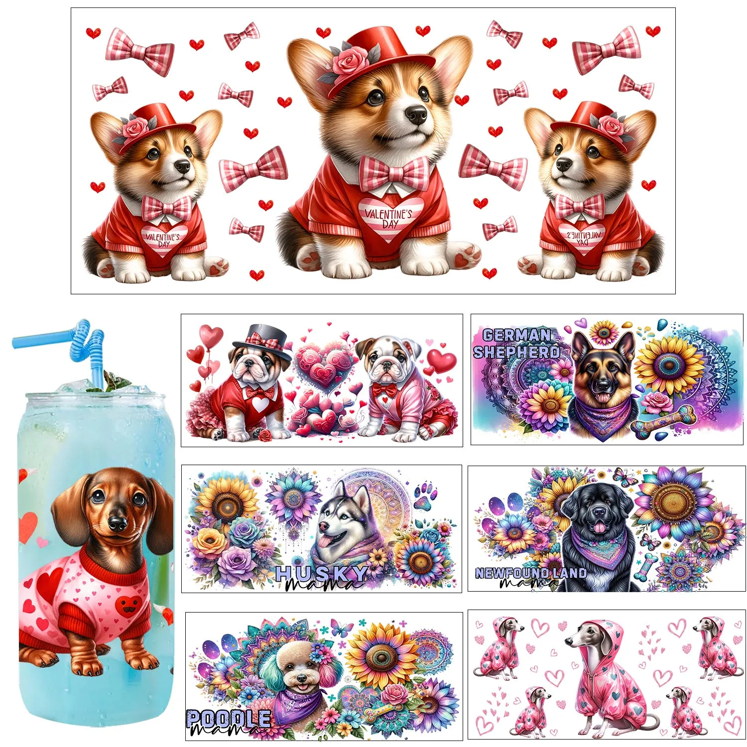 Cute XOXO Love Dog easy peel waterproof Party DIY Decals 3D transfers uvdtf tumbler seal stickers 16oz uv dtf cup wraps