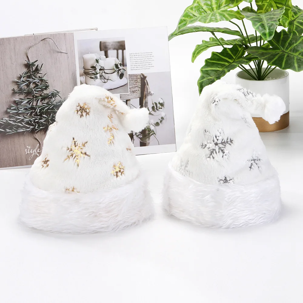 2025 NEW 32*40cm White Plush Christmas Hat Gold Silver Beads Embroidered Adult Christmas Hat Holiday Home Decorations