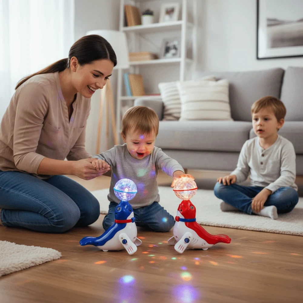 Colorful Sound Electric Sea Lion Ball Spinning Dancing Function Stunt Top Ball Light Cute Design Interactive Electronic