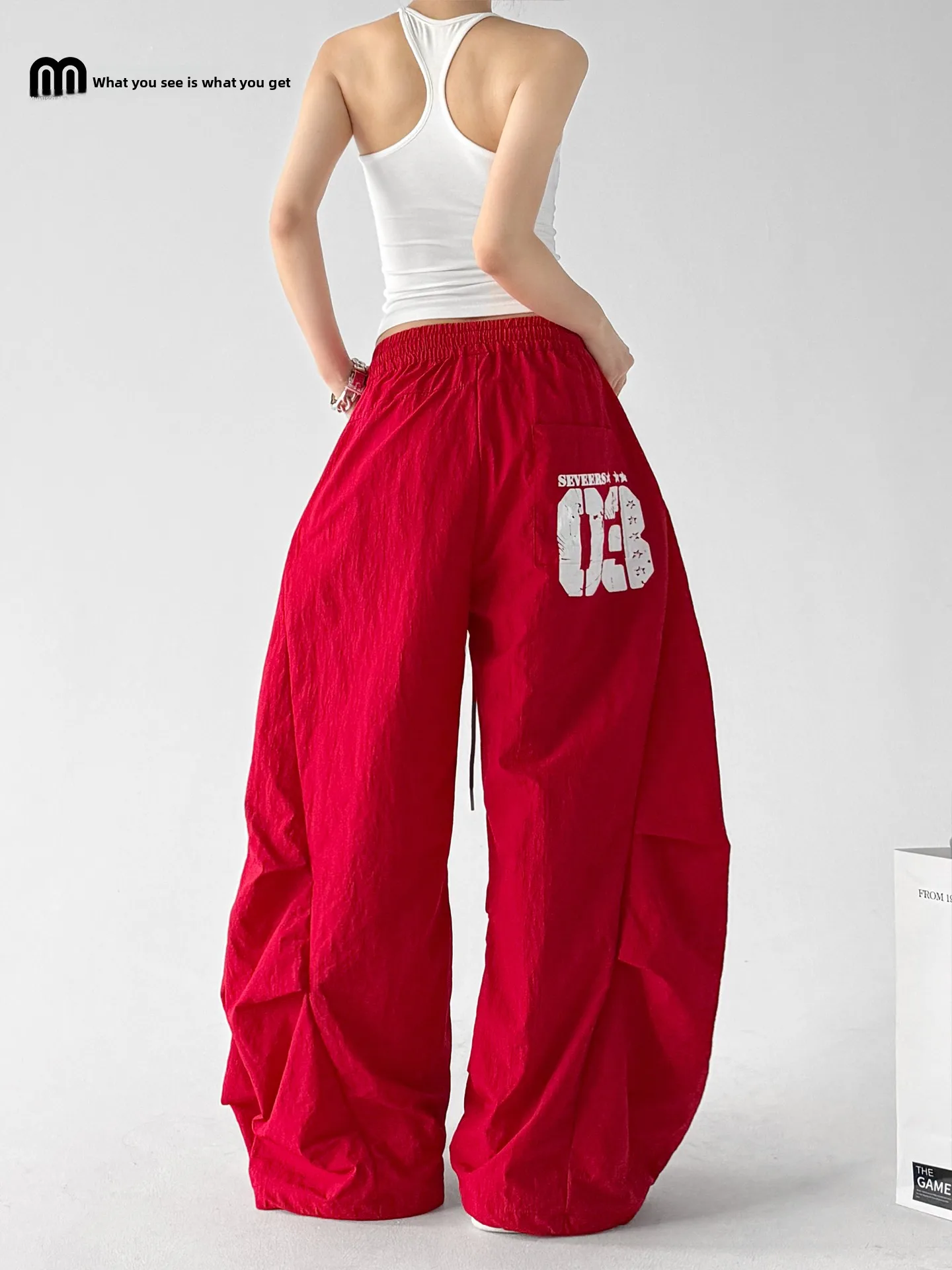 

Американские уличные брюки с принтом, широкие, женские, летние, новые, свободные, с высокой талией, красные, повседневные, из нейлона