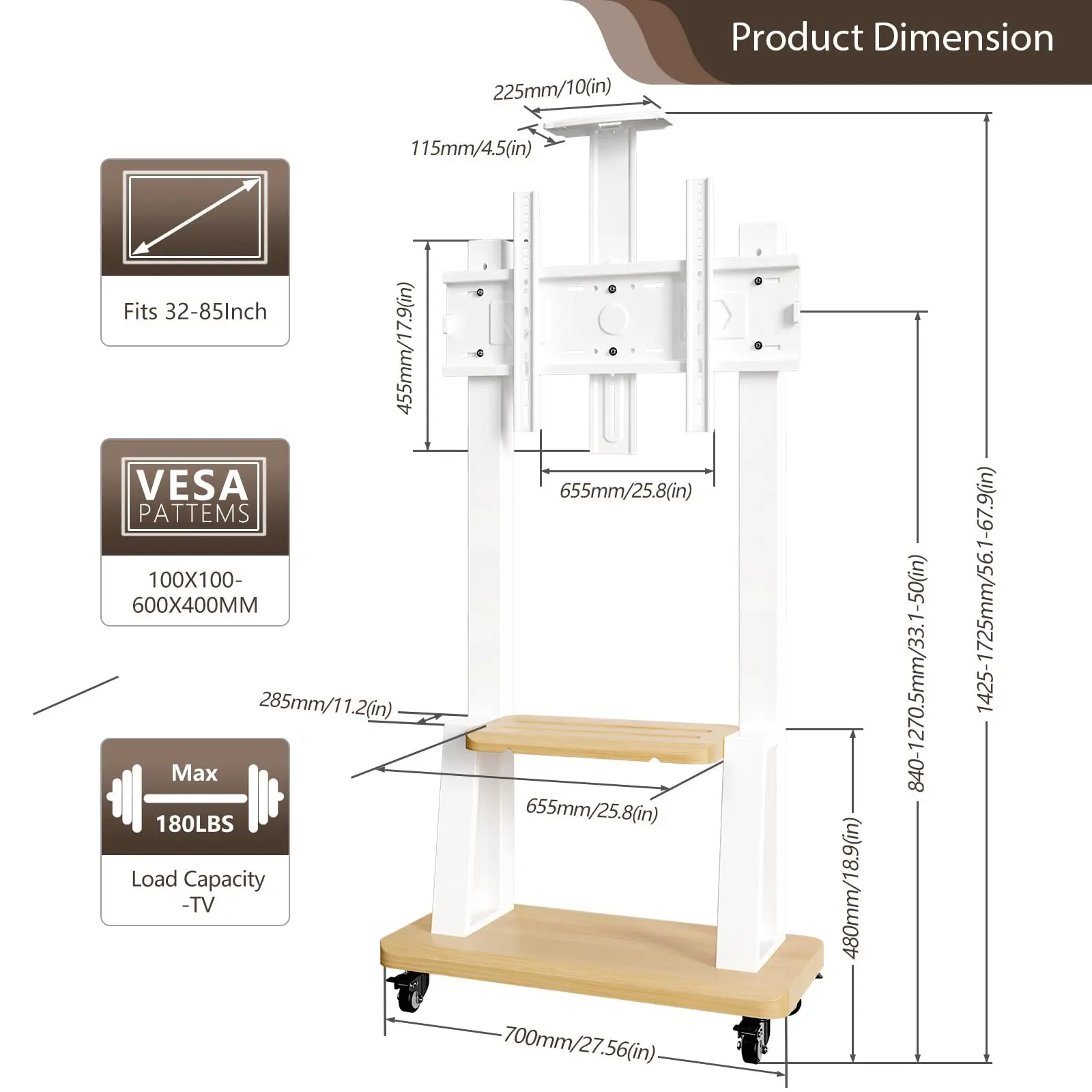 Carrinho de TV móvel para telas de 32 a 75 polegadas, suporte de TV móvel de piso rolante com roda de travamento de prateleira, altura ajustável e resistente