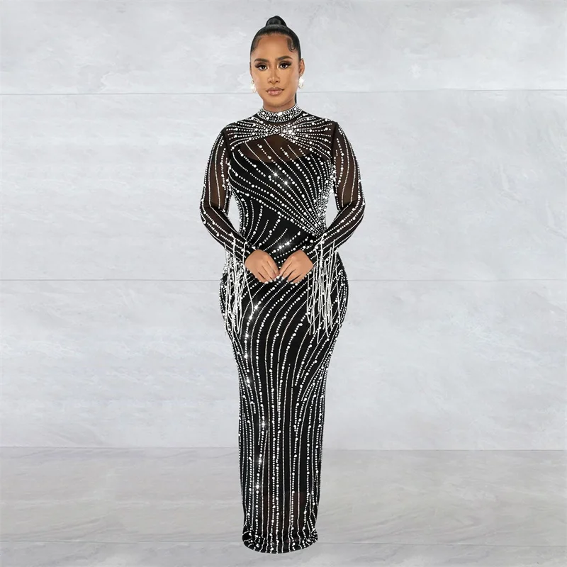 Women Mesh Tassel Long Sleeve Diamonds Hot Rhinestones Bodycon Midi Maxi Long Dress and Tank Inner Dresses 2piece Suit