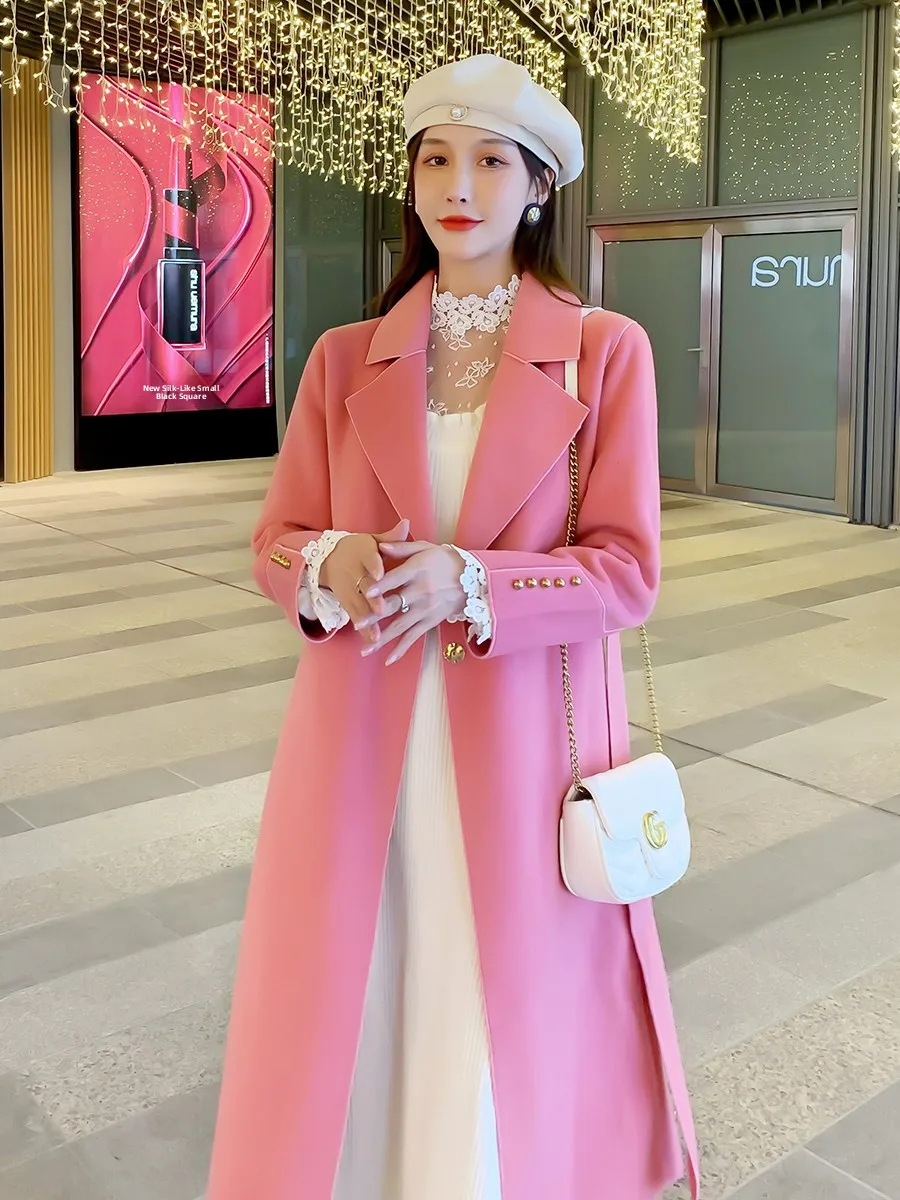 

Высококачественное розовое двустороннее пальто-камерер, женское шерстяное пальто с застежкой на талии, корейская верхняя одежда средней длины