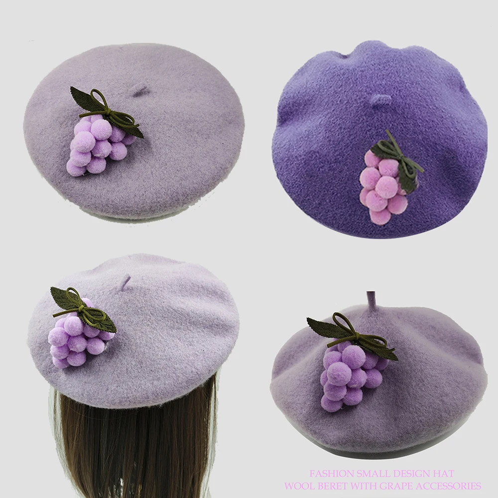 Purple Grape Wool Women\'s Beret DIY Lovely Party Gift Original Design Handmade Hat Rabbit Ear Beret Fashion Artist Hat