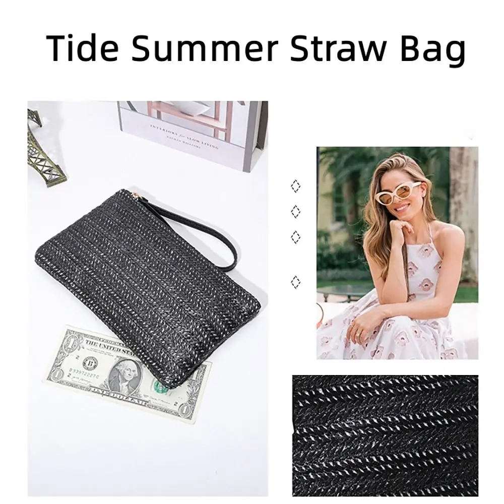 Weaving Bag Fashion Ladies Wristlet Clutch Women Daily Money Phone Clutch Solid Straw Woven Coin Purse Beach Wallet Card Holder