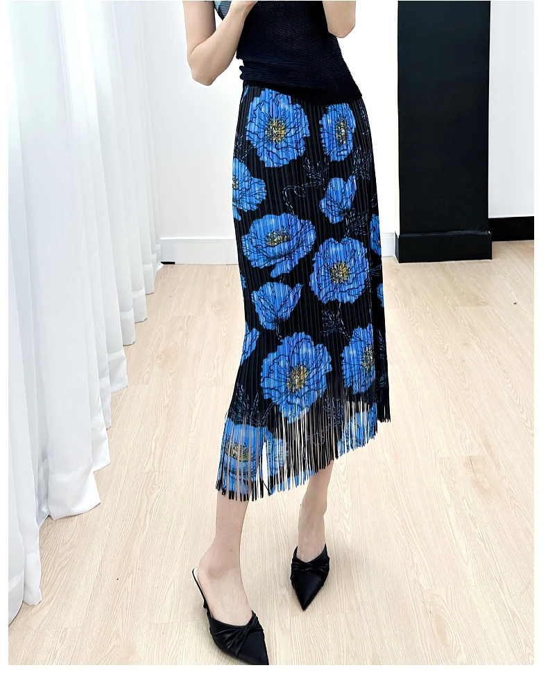 

HOT SELLING Miyake fold fashion print skirt straight Tassels long skirt IN STOCK