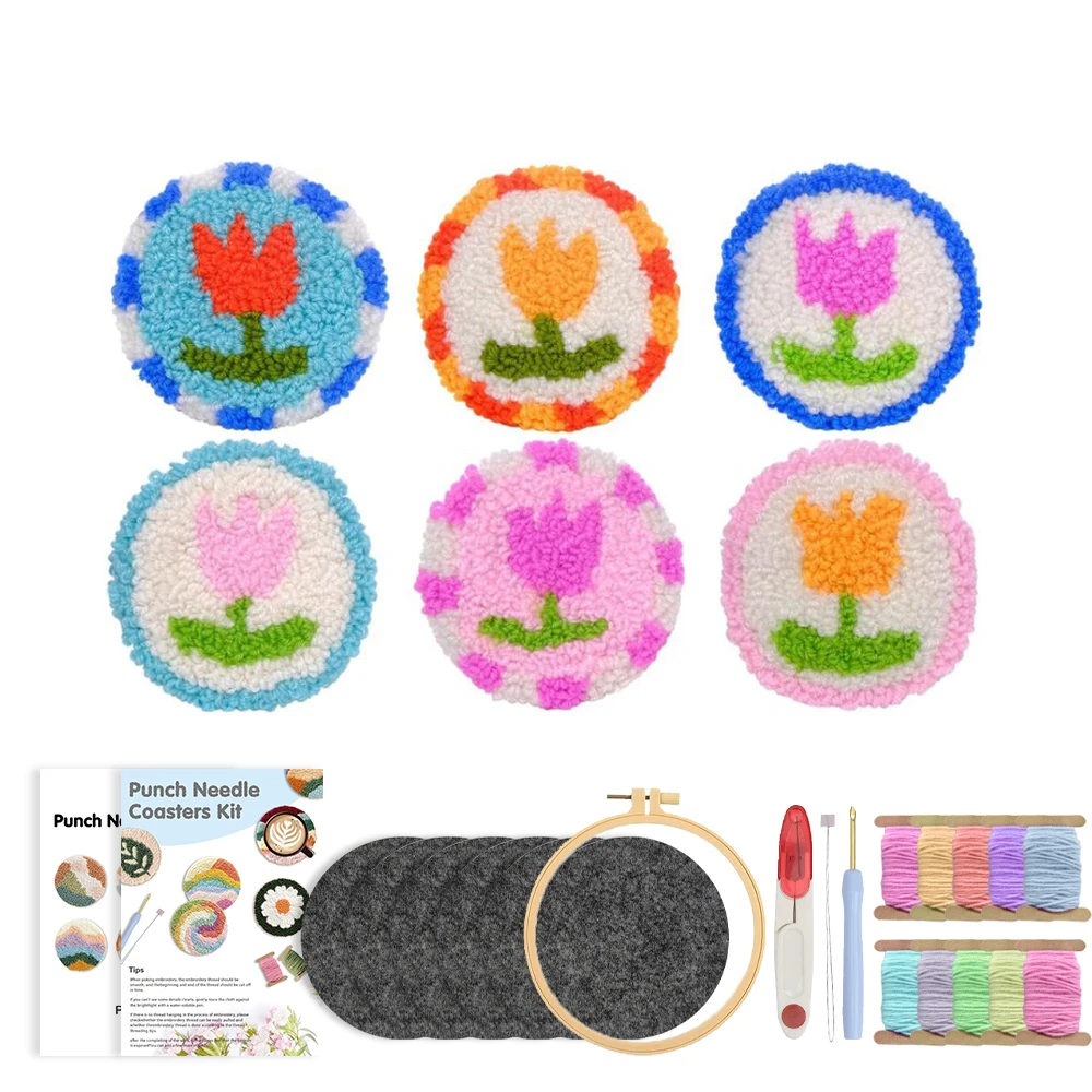 

CHENISTORY DIY 6pcs Punch Needle Embroidery Set Flower Pattern Coaster Tufted Rug Pads with Yarns Embroidery Hoop Instruction