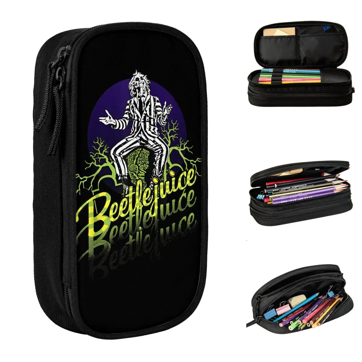 B-Beetlejuice Three Times Text Portrait Pencil Cases Halloween Horror Pen Bag Big Capacity School Supplies Zipper Pencil Pouch