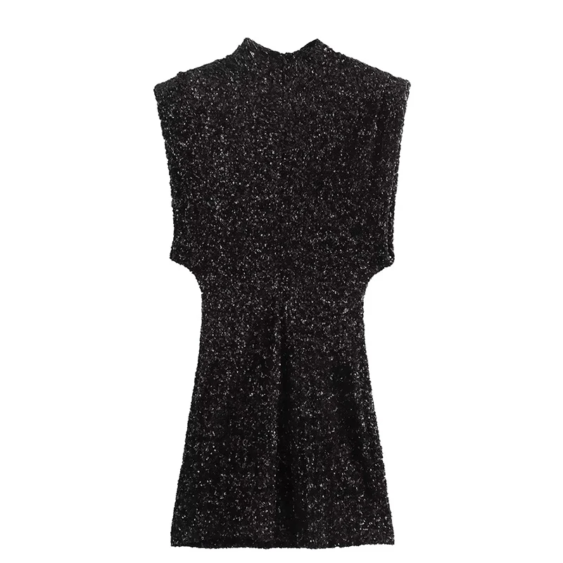 Elegant Sequin Slim Fit Dress with Shoulder Pad Cool Streetwear Sleeveless Lady Fashion Sexy Simple Vest Dresses Club Outwear