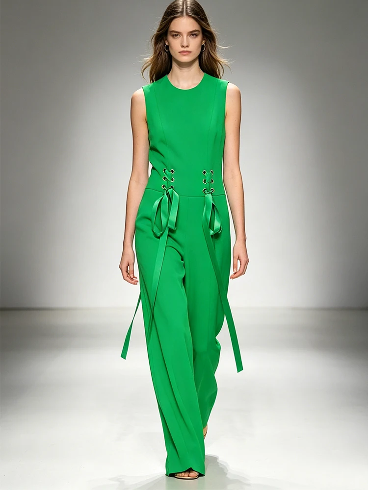 HIGH STREET Newest 2026 S/S Designer Runway Fashion Women\'s Sleeveless Ribbons Lacing Up Jumpsuit