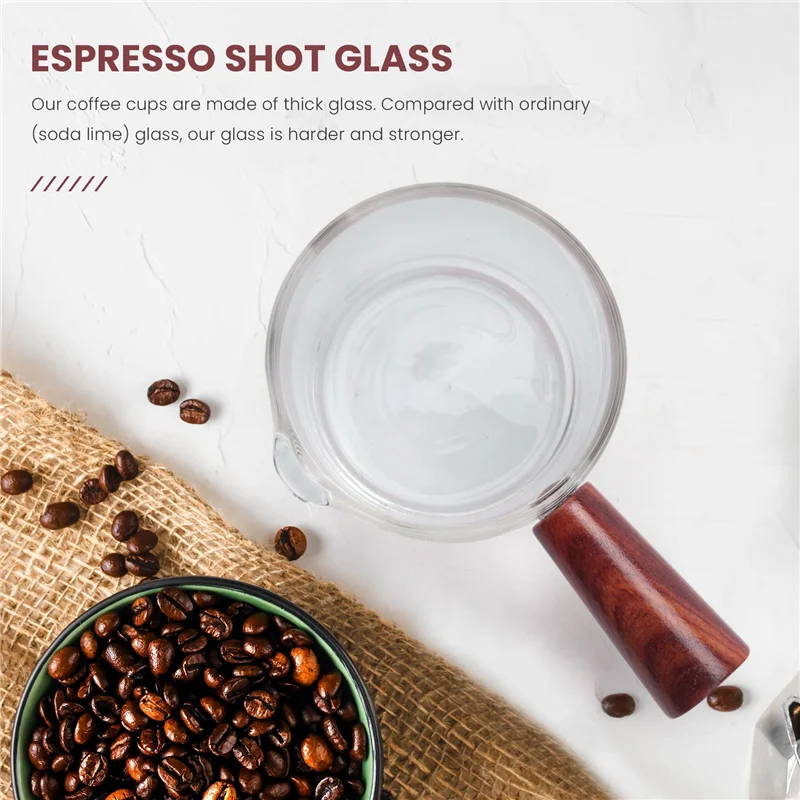 AC76-Glass Measuring Cup Espresso Shot Glass 75ML Triple Pitcher Barista Single Spouts With Wood Handle