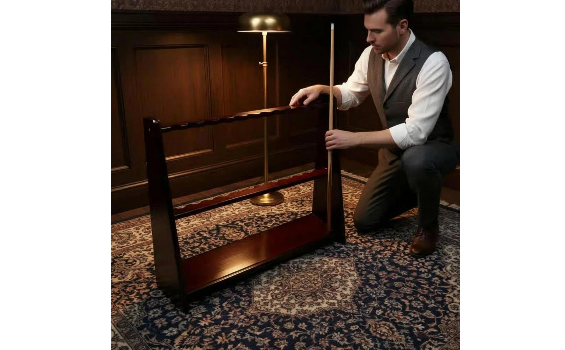 Floor-Standing Cue Rack Lower Shelf Wood Cue Rack Pool Stick Holder Trapezoid Profile Game Room Storage Furniture-Grade Floor-Standing Cue Rack Lower Shelf Wood Cue Rack Pool Stick Holder Trapezoid Profile Game Room Storage Furniture-Grade