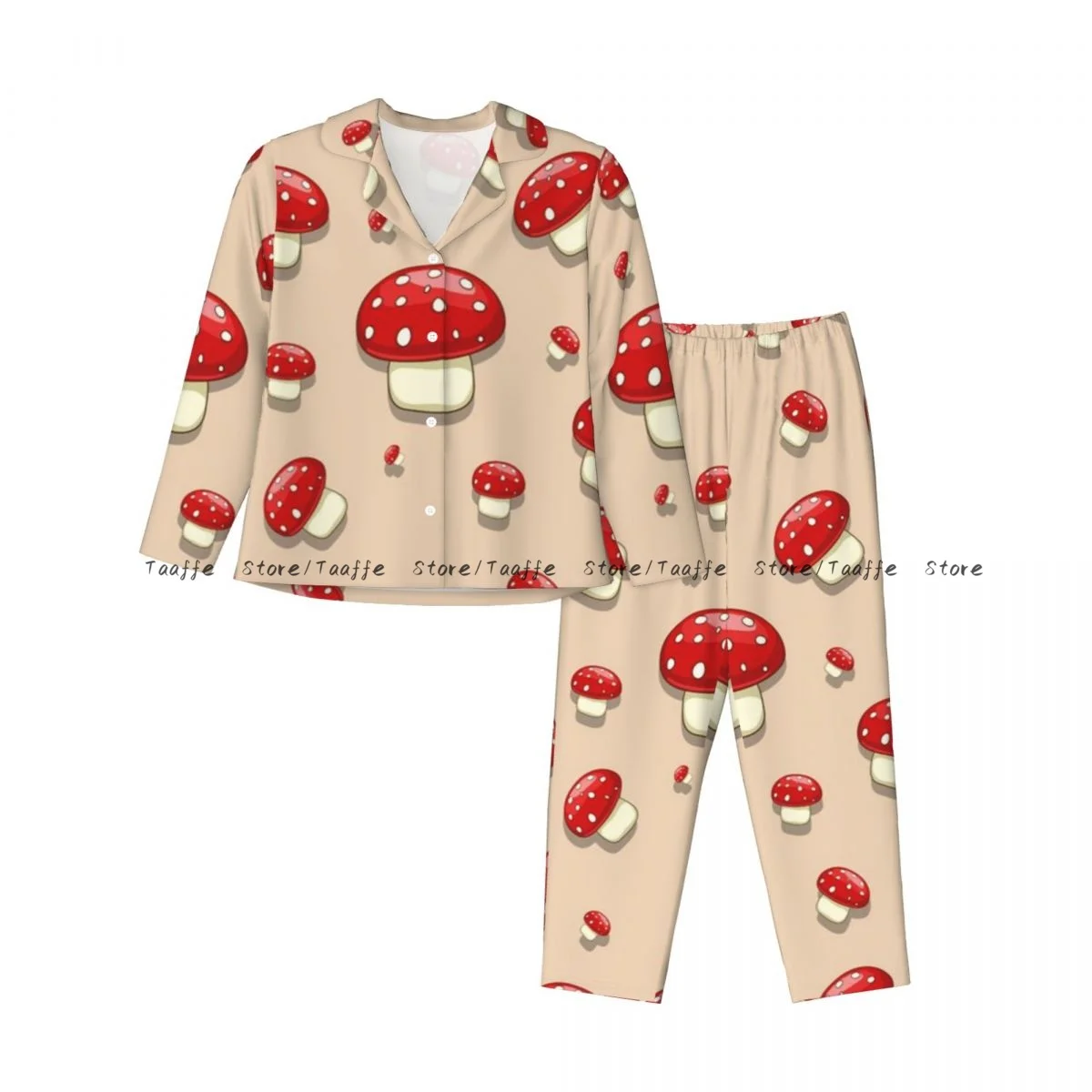 Woodland Spotted Forest Cartoon Mushroom Womens Pajamas Loungewear Two-piece Sleepwear Button-Down Full Sleeve Long Pajamas Set