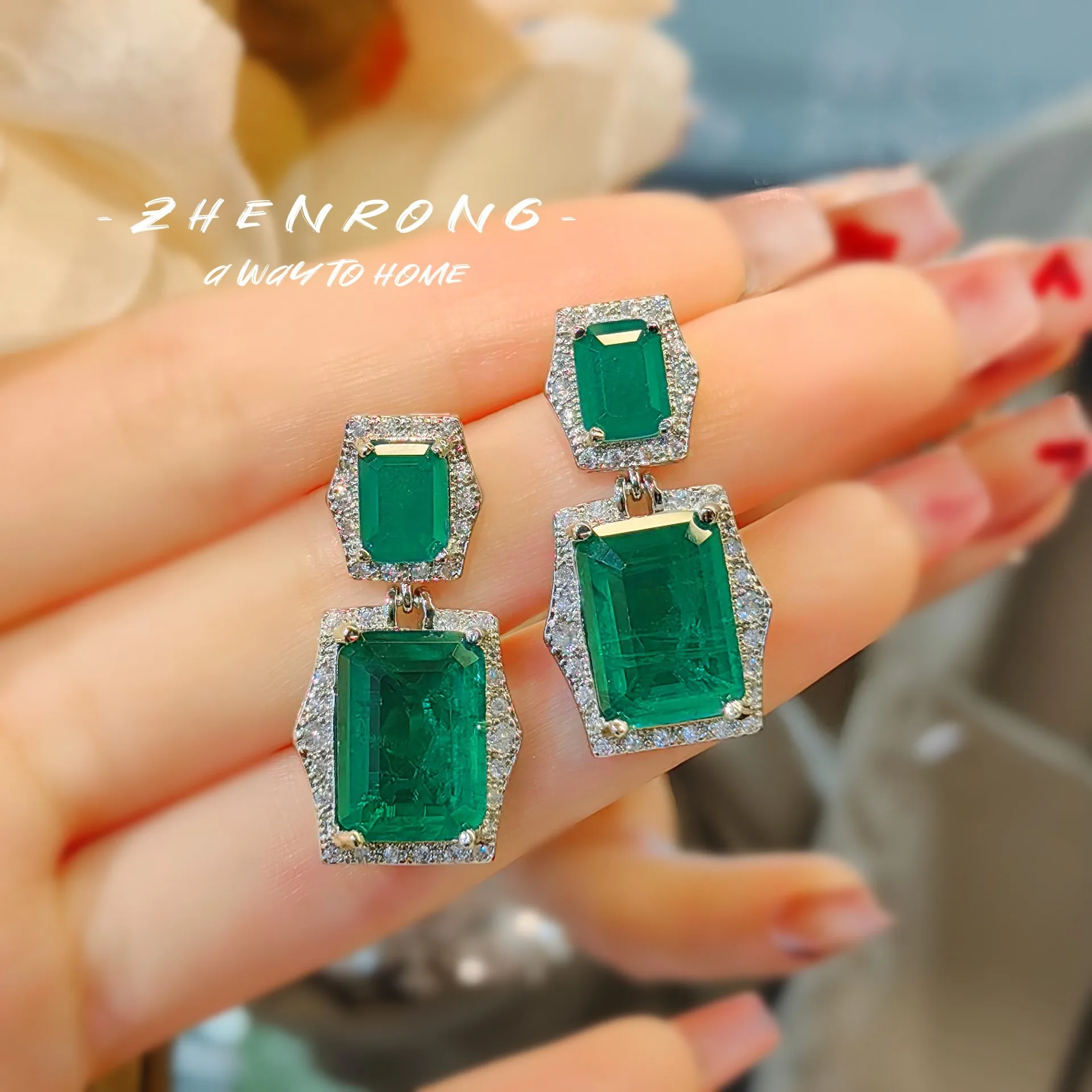 New Aesthetic Geometric Design Green/Blue Cubic Zirconia Drop Earring For Women Silver Color Wedding Trend Eternity Love Jewelry