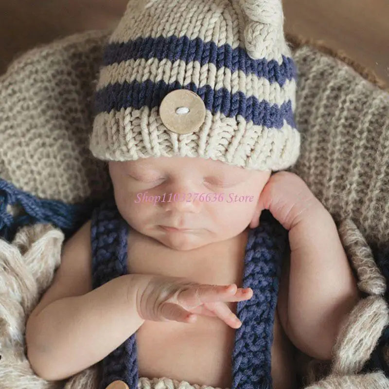 R6FD 2Pcs/Set Newborn Costume Infant Bodysuit and Hat Striped Skin Friendly Newborn Baby Overalls Hat for Photography