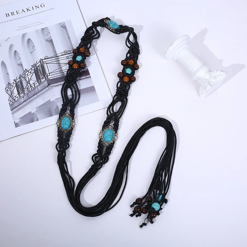 Vintage Women Woven Waist Chain Ethnic Style Accessories Wax Cord Wooden Bead Waistband Bohemian Acrylic Turquoise Travel Beach