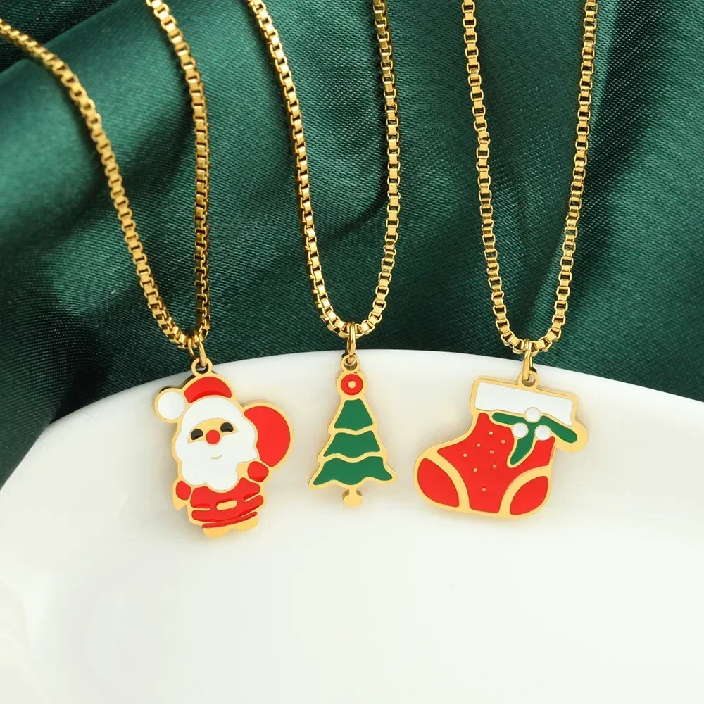 Cartoon Christmas Necklace Santa Claus Snowman Elk Pendant Necklace Handmade Stainless Steel Women's Jewelry Party Gifts-100PCS