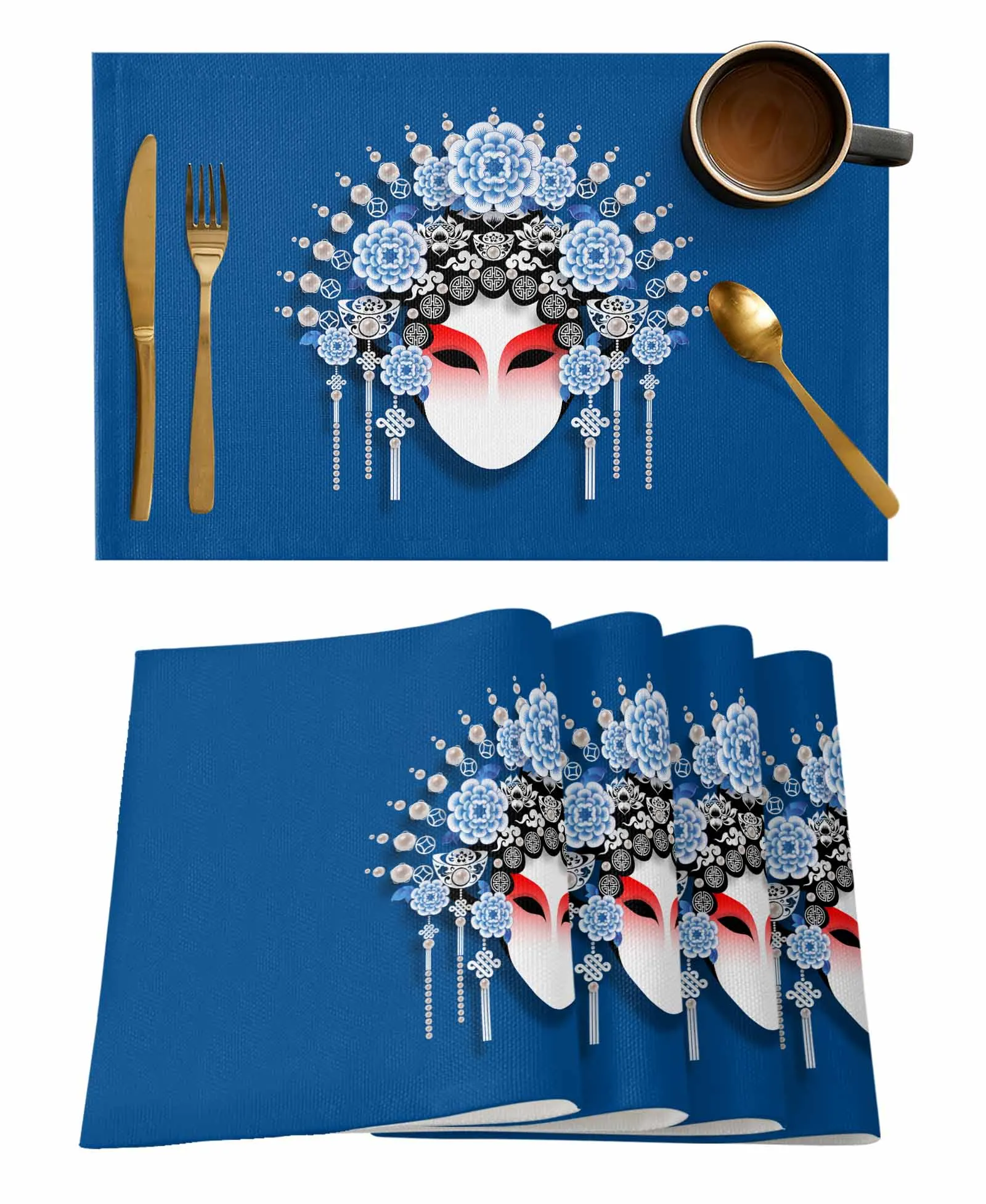 Blue Traditional Chinese Opera Coffee Dish Mat Kitchen Placemat Dining Table Rug Dinnerware 4/6pcs Pads