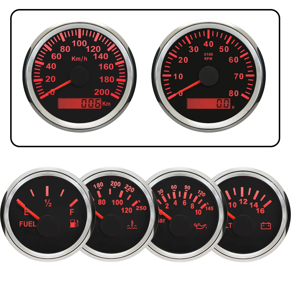 ELING 85mm GPS Speedometer +0-8000RPM Tachometer +52mm Water Temp Oil Pressure Fuel Level Meter 12V Voltmeter with Red Backlight