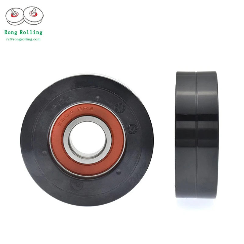 20*75*24 6204RS Black PU rubber covered bearing 6204RS bore diameter 20mm,Sliding gate rollers diameter 75mm,thickness 24mm.