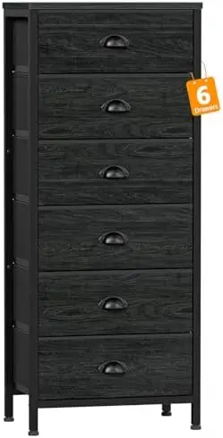 Tall Dresser with 6 Drawers,Vertical Bedside End Table & Chest for Bedroom,Black Storage Tower Dorm Nightstand with