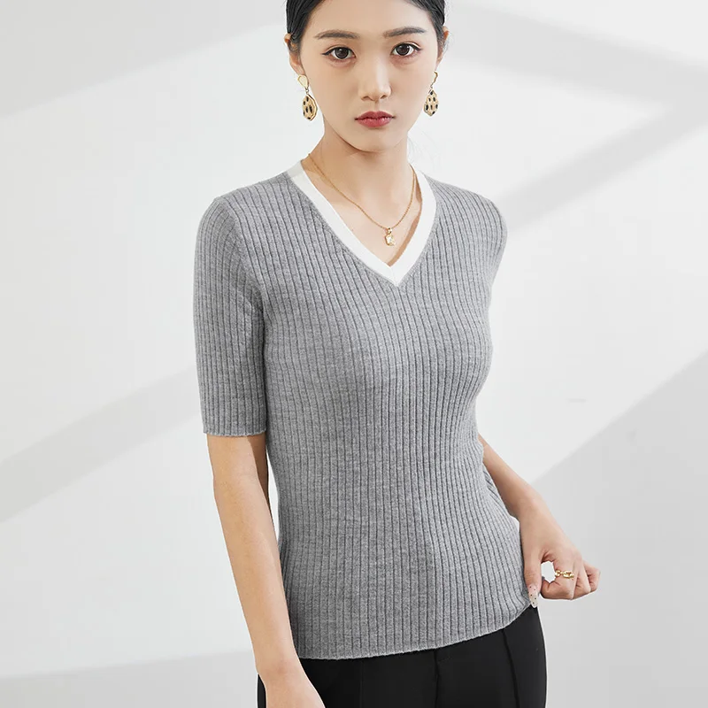 Spring and Summer New Worsted 100% Pure Wool Knitted T-Shirt Ladies V-Neck Contrast Short-Sleeved Shirts Slim High-End Thin Tops
