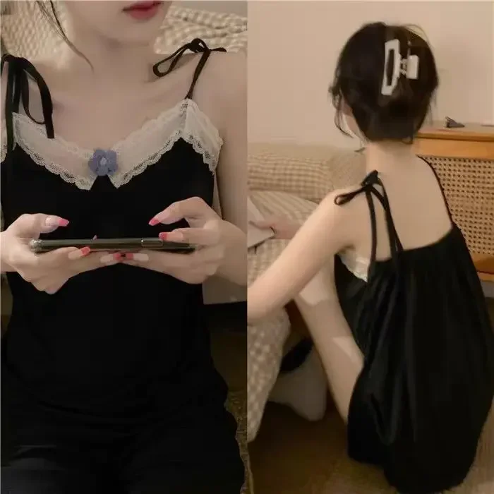 

Lace Pajama Sets Women Strap Sleeveless Sexy Sleepdress Lingerie Set Female Night Wear Girls Sling Homedress Shorts Two Pcs Set