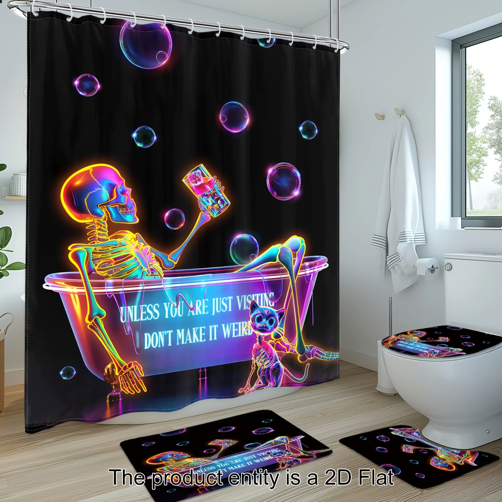 4pcs - 2D Flat Neon Funny Skull Shower Curtain Set, Bathroom Sets Full Set, Bath Decor And Accessories, Halloween Skeleton Gothic Unique In Bathtub Bubble Black Shower Curtain With 12 Hooks, Non-slip Bath, Toilet U-Shaped, Cover
