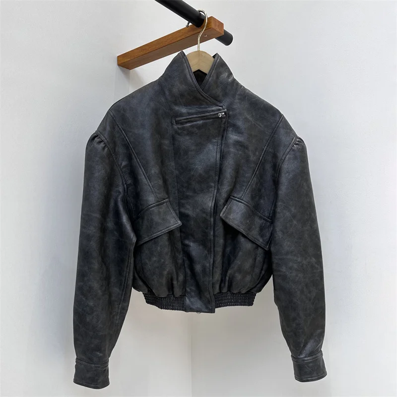 Chaqueta de cuero para mujer nueva chaqueta de motocicleta a prueba de viento con cuello levantado de invierno 2025 abrigo asimétrico de cuero Artificial para mujer