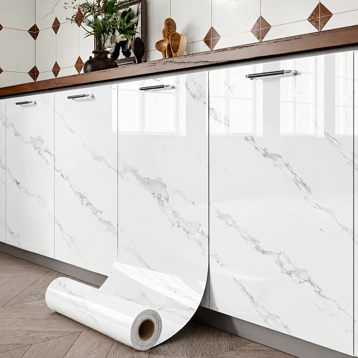 Oil-Resistant Marble-Pattern Vinyl Film Suitable For Kitchen Countertops Stovetops Cabinets And Furniture Refurbishment.